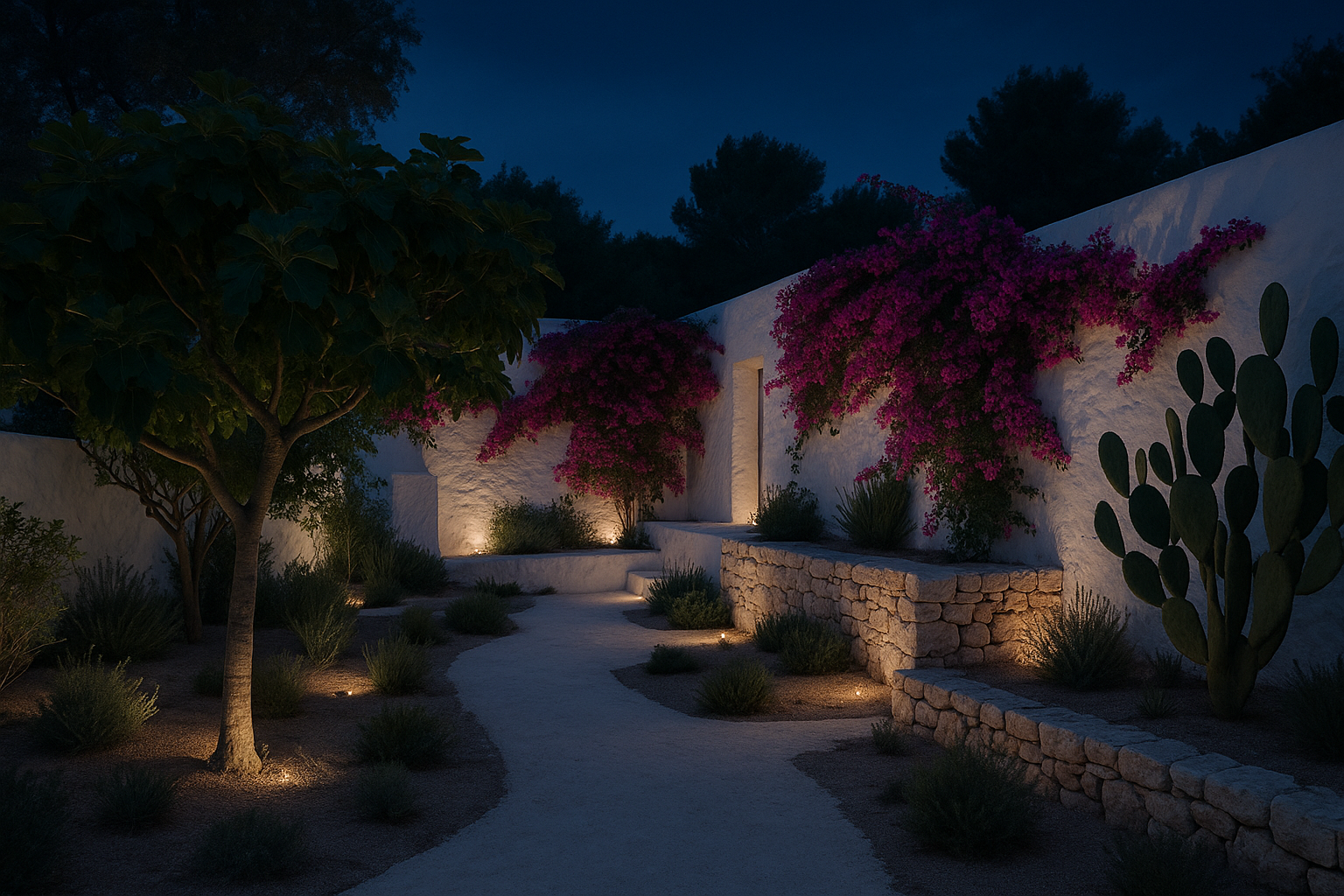Imagen realista de un jardín en ibiza por la noche. Estilo minimalista y natural. El jardín tiene estilo ibicenco con higueras, figueras de pic, buganvilla, etc.