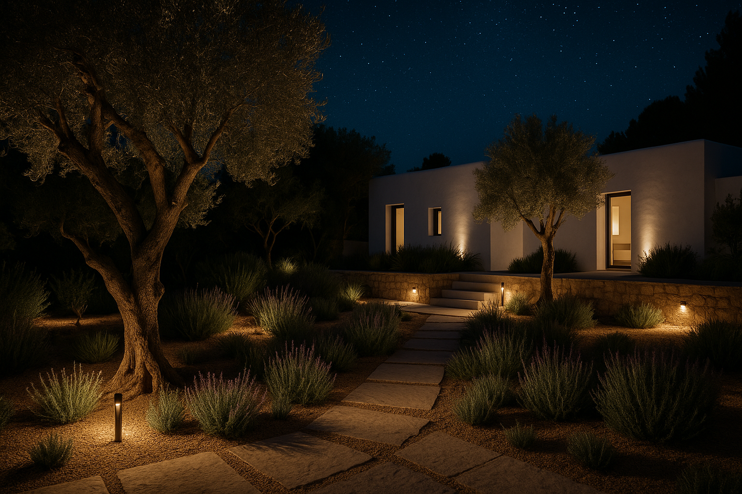 Imagen realista del jardín de una villa en Ibiza por la noche. Estilo minimalista y natural. 